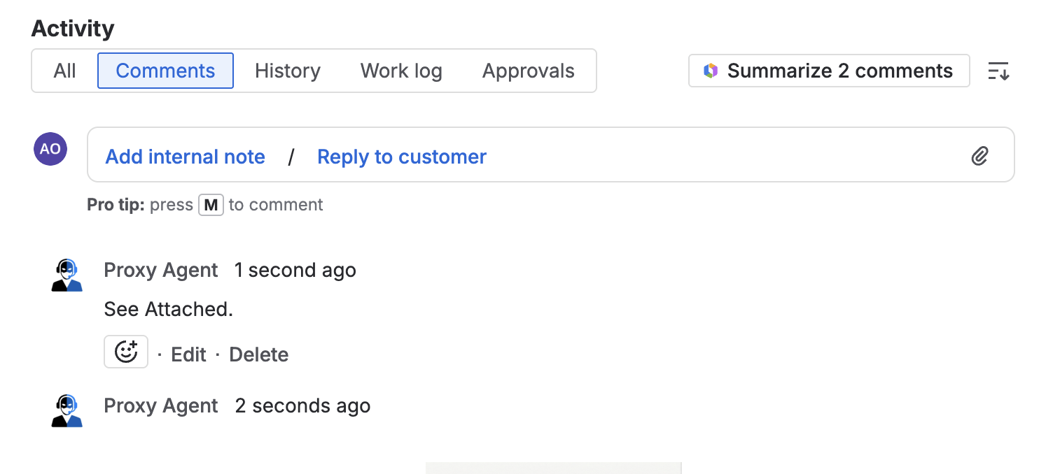 Jira issue activity feed showing the new comment attributed to the configured agent's name and avatar, not the actor's