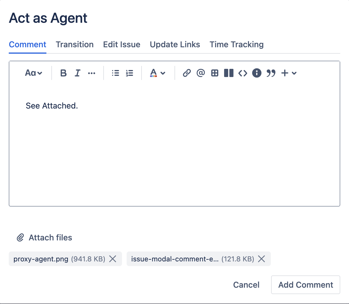 Comment editor with two files attached, listed below the editor with X buttons to remove