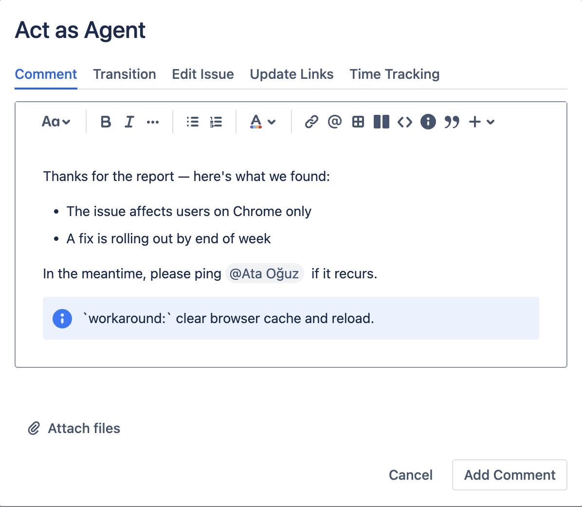 Comment editor with a formatted reply: heading, bullet list, a code block, and an @mention