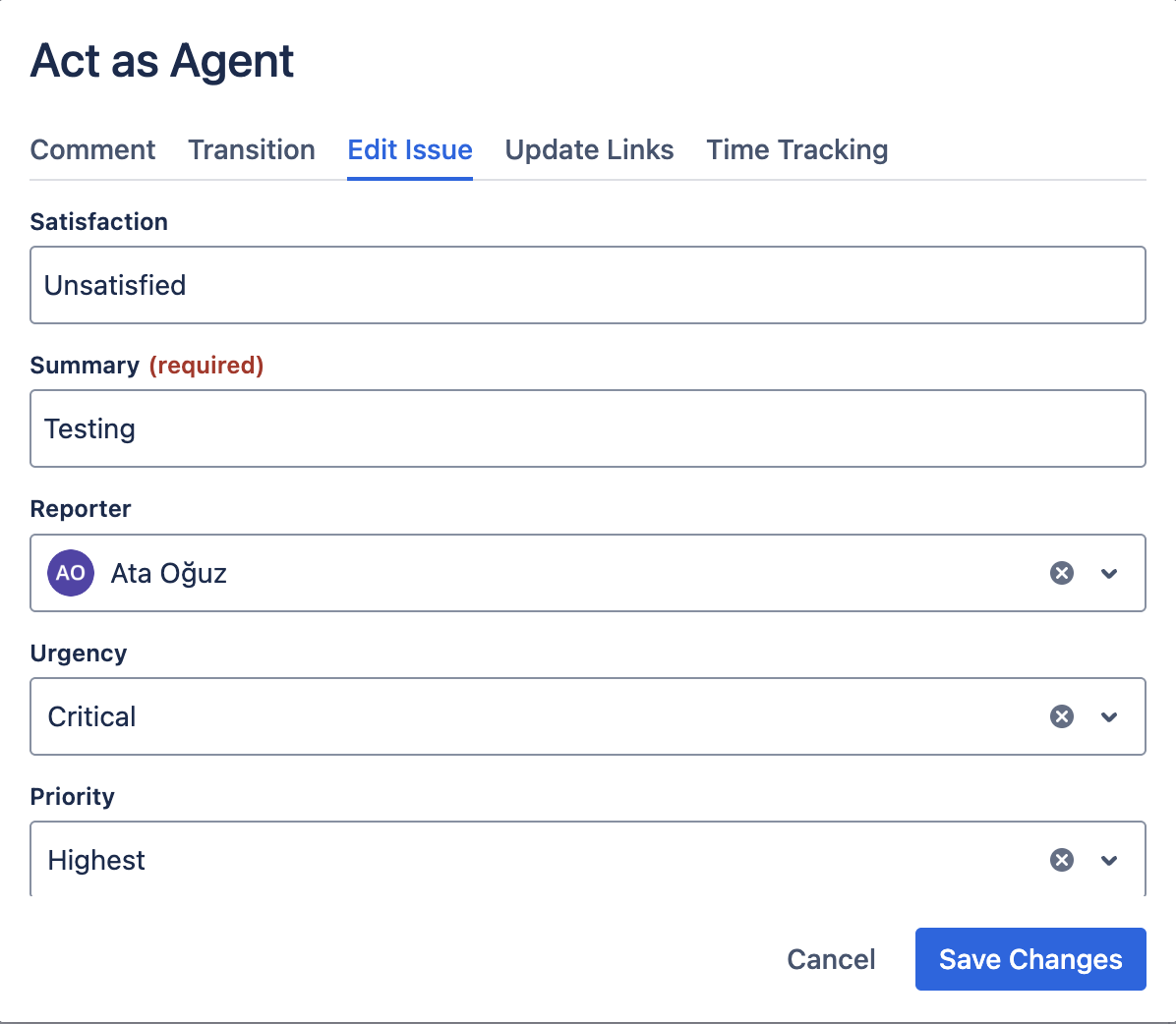 Act as Agent modal on the Edit Issue tab showing the fields available on a sample JSM request