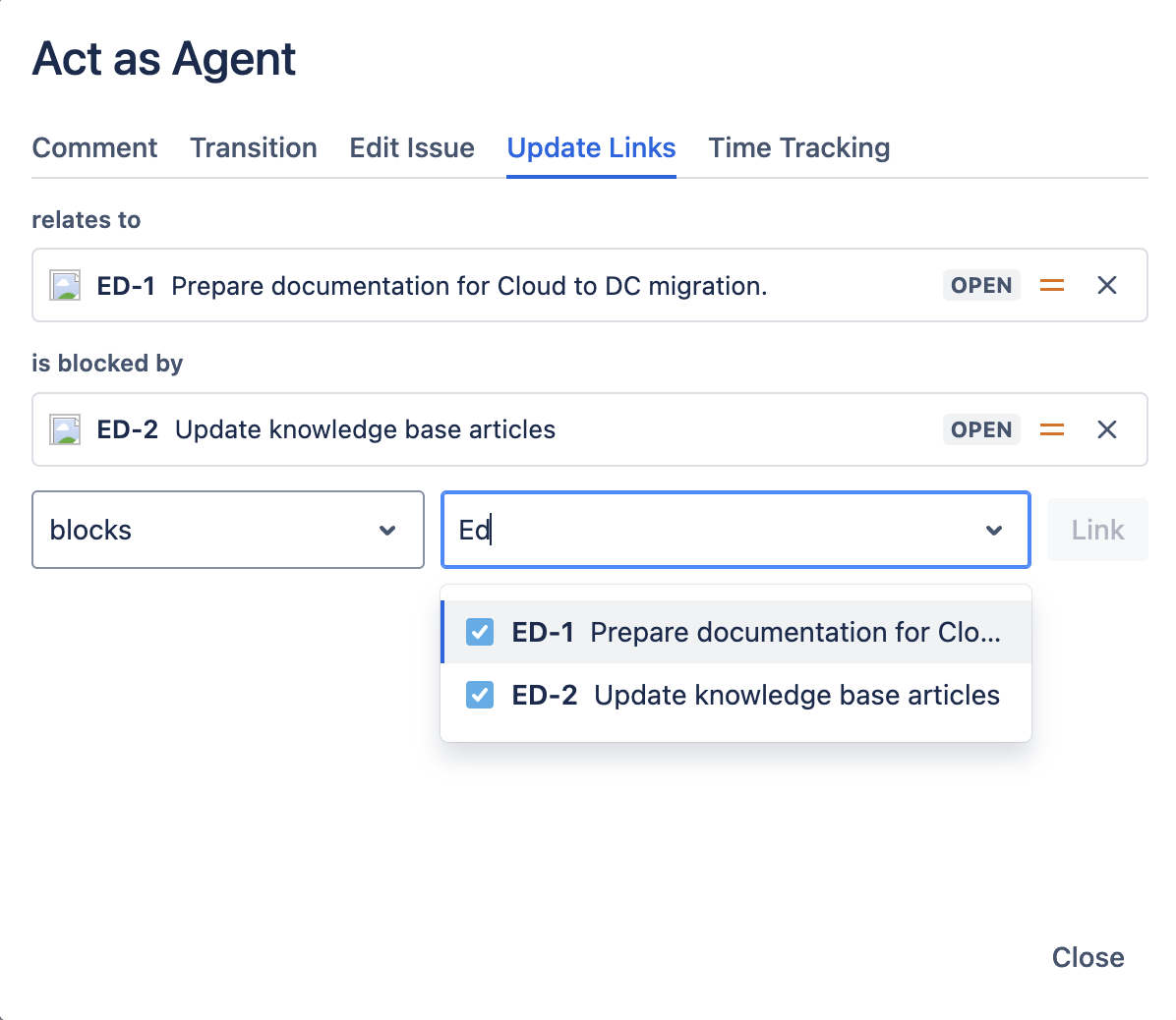 Add-link row with the issue search dropdown open showing search results with icons and summaries