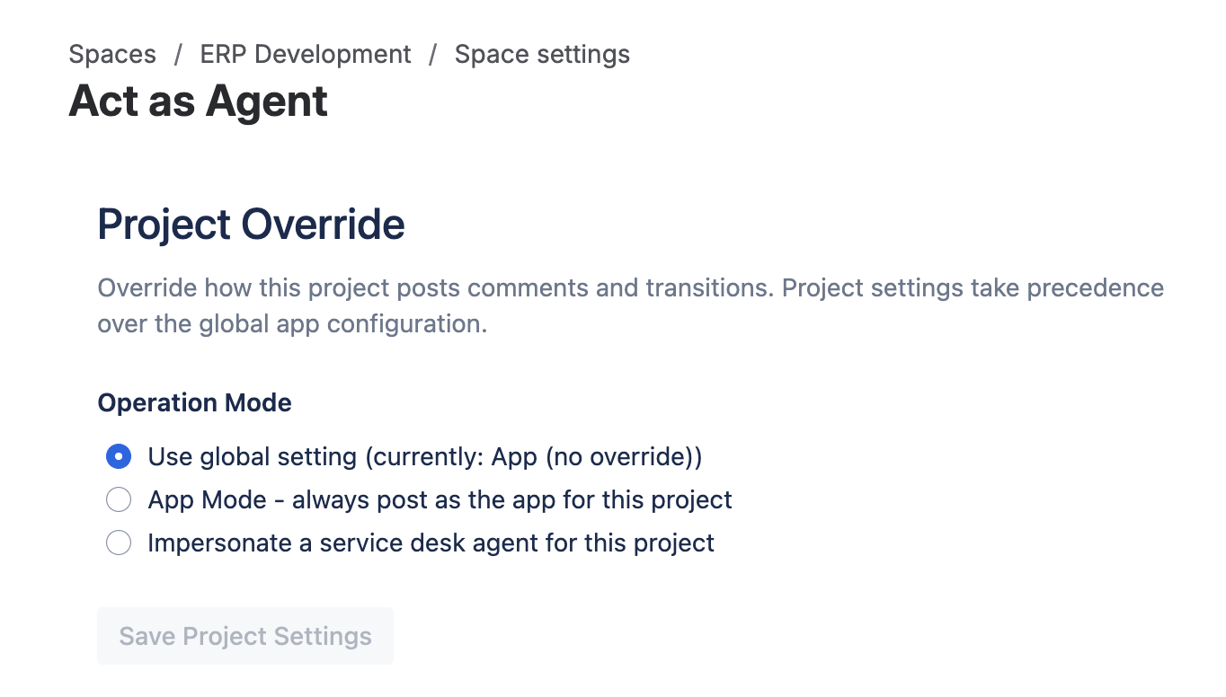 Project Override section with "Use global setting" selected and the inherited value shown next to it